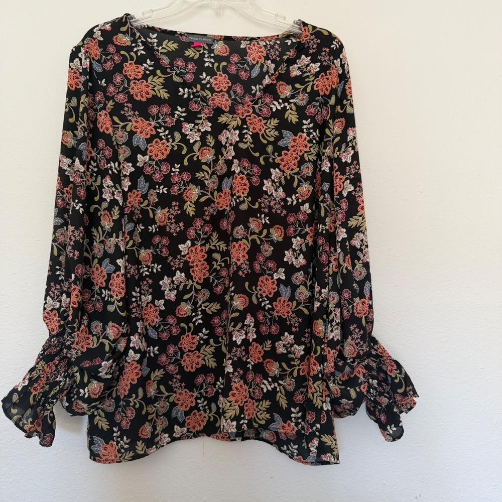 Vince Camuto Womens XL Floral V-Neck Blouse Smocked Ruffle Cuff Black